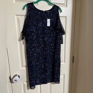 NWT Navy Cold Shoulder Floral Dress with Tie Sleeve